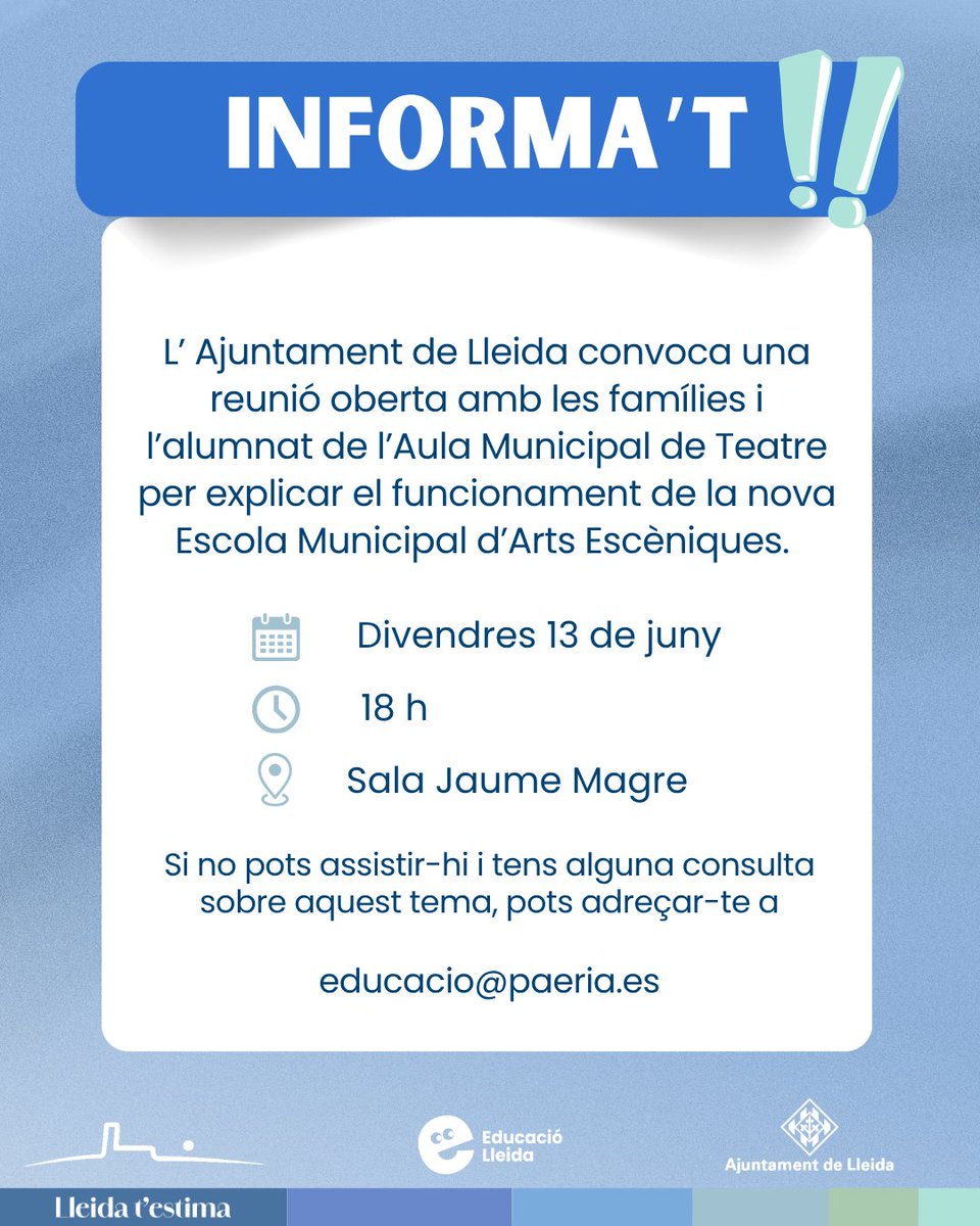 📣Vine a la reunió oberta amb l’alumnat i les famílies de l’Aula Municipal de Teatre ❗️

✅Explicarem el funcionament de la nova Escola Municipal d’Arts Escèniques i podràs exposar tots els teus dubtes

📆13 de juny a les 18 h
📍Sala Jaume Magre

T’hi esperem!