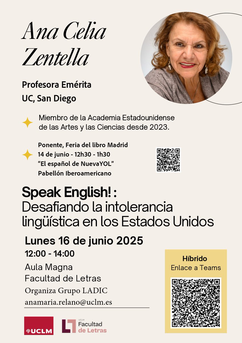 🆕¡Nueva actividad en la Facultad de Letras!

🗓️El próximo lunes 16 de junio, tendrá lugar una ponencia a cargo de Ana Celia Zentella, una de las investigadoras más destacadas en lo que ella ha denominado “lingüística antropo-política”. 
📍Aula Magna
⏰12:00-14:00 h.
