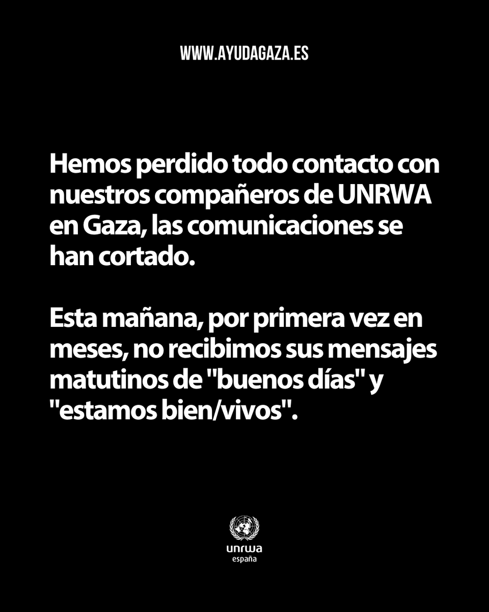 Hemos perdido todo contacto con nuestros compañeros de UNRWA en Gaza. 

Esperamos escucharles muy pronto.