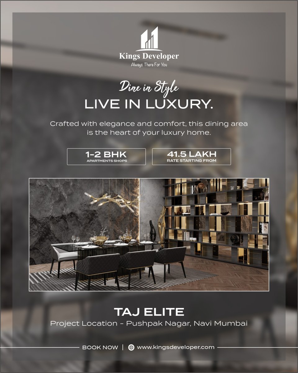 developer_kings's tweet image. ✨ TAJ ELITE – Dine in Style, Live in Luxury
1–2 BHK Apartments &amp;amp; Shops starting @ ₹41.5L
📍 Pushpak Nagar, Navi Mumbai
Book Now 👉 kingsdeveloper.com
#TajElite #LuxuryLiving #NaviMumbaiHomes #KingsDeveloper