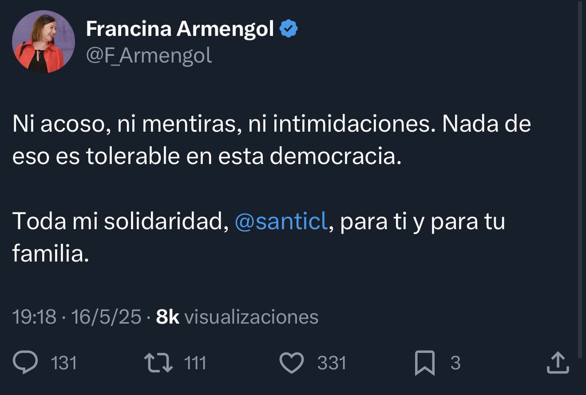 Armengol és una més de la màfia del PSOE de Sánchez. 

No són mentides ni intimidacions, és corrupció. 

No hi ha dubte. No poden seguir a les institucions.