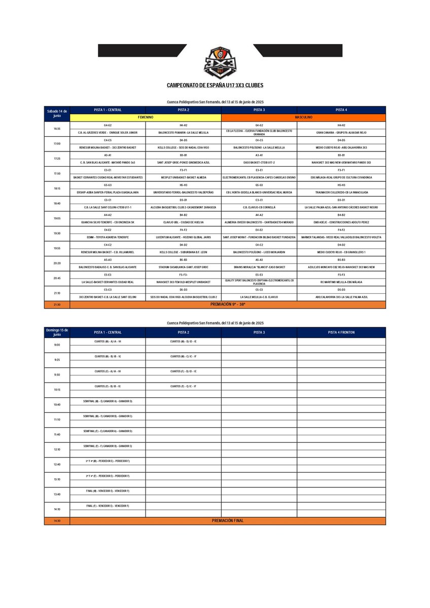 #Cantera 🔊 CALENDARIO íntegro del Campeonato de España U17 3x3 de Clubes 2025. 🔜🏀

📆 13-15 de junio
📍 Cuenca 

#FEB3x3U17