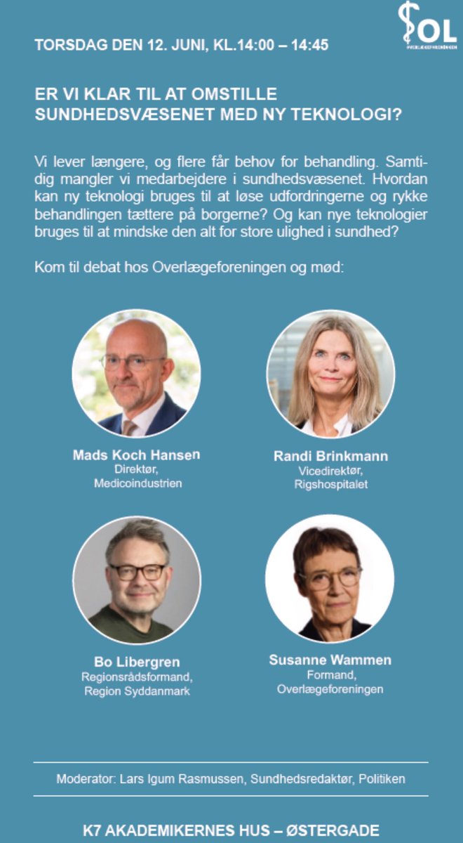 Overlægeforeningen (@overlgeforening) on Twitter photo Om godt en halv time debatterer <a href="/MadsKochHansen/">Mads Koch Hansen, MD🇩🇰🇺🇦</a> <a href="/BLibergren/">Bo Libergren</a> <a href="/SWammen/">Susanne Wammen</a> og Randi Brinckmann om sygehusene bruger ny teknologi godt nok med <a href="/IgumRasmussen/">Lars Igum Rasmussen</a> som moderator. Kom og vær med i debatten #fmdk #sundpol Om godt en halv time debatterer <a href="/MadsKochHansen/">Mads Koch Hansen, MD🇩🇰🇺🇦</a> <a href="/BLibergren/">Bo Libergren</a> <a href="/SWammen/">Susanne Wammen</a> og Randi Brinckmann om sygehusene bruger ny teknologi godt nok med <a href="/IgumRasmussen/">Lars Igum Rasmussen</a> som moderator. Kom og vær med i debatten #fmdk #sundpol