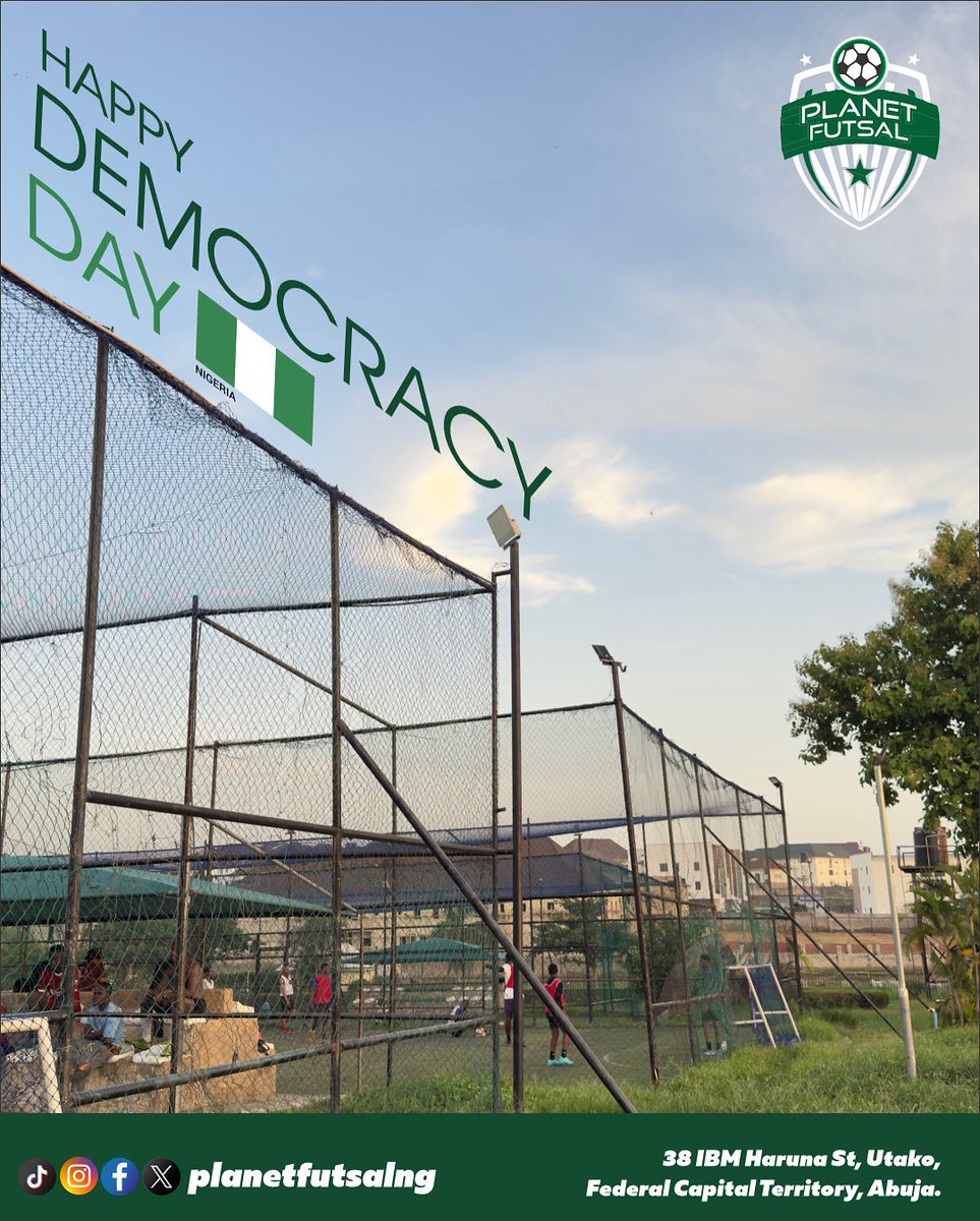 PlanetFutsalNg's tweet photo. Happy Democracy Day from your favorite futsal arena 🇳🇬⚽ — let’s celebrate freedom, unity, and football!
#DemocracyDay #PlanetFutsalNG #AbujaFutsal #June12 #NaijaSpirit #FutsalLife #BallersOfNigeria #SportInNigeria #AbujaEvents #VibesAndGoals https://t.co/cDVyASODms
