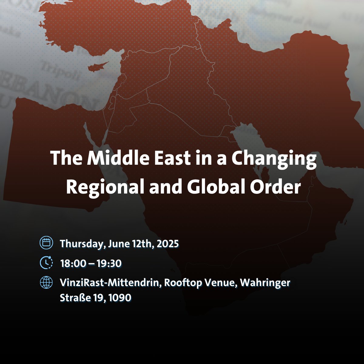 ScprSyria's tweet image. Friends in Vienna — don’t miss today’s lecture!
The Middle East in a Changing Regional and Global Order
🕕 18:00–19:30
📍 VinziRast-Mittendrin, Rooftop, Wahringer Straße 19
Speakers: Shana Marshall, Pete Moore, Sean Yom
Chair: Diana Bashur
👉 Register: tinyurl.com/ysvyxjhw