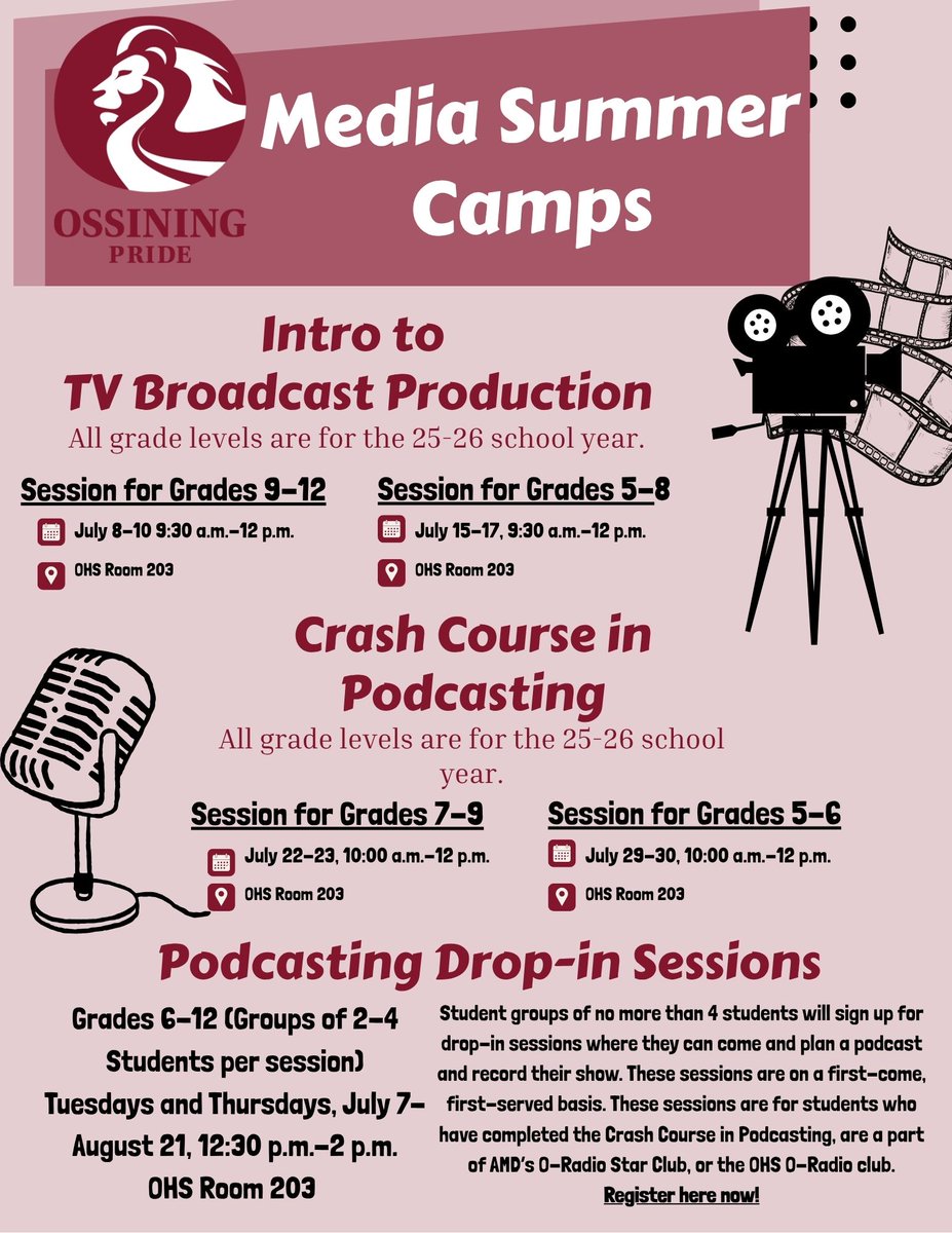 Ossining Media (@ossiningtv) on Twitter photo 🎥🎙️ This summer, dive into the world of TV #broadcasting & #podcasting — for FREE!
Join our Media Camps and learn how to write, produce, film & record like a pro.
Spots are limited — don’t miss out!
📅 Sign up now! shorturl.at/rKPrf
#SummerMediaCamp <a href="/OssiningSchools/">Ossining UFSD</a> 🎥🎙️ This summer, dive into the world of TV #broadcasting & #podcasting — for FREE!
Join our Media Camps and learn how to write, produce, film & record like a pro.
Spots are limited — don’t miss out!
📅 Sign up now! shorturl.at/rKPrf
#SummerMediaCamp <a href="/OssiningSchools/">Ossining UFSD</a>