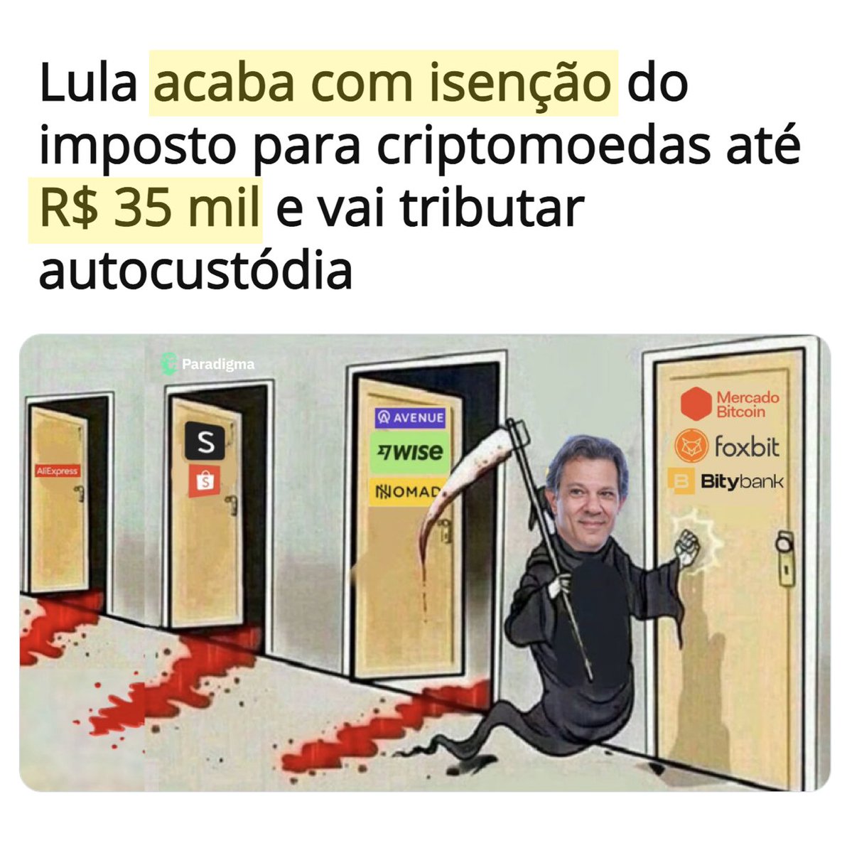ParadigmaEdu's tweet photo. Foi bom enquanto durou.

JÁ ERA a isenção de imposto sobre ganho de capital pra vendas de até R$35 mil em cripto.

Estão entregando nosso mercado nacional DE MÃOS BEIJADAS para as corretoras gringas. https://t.co/sndWdHHzOK