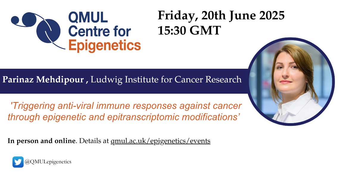 QMULepigenetics's tweet image. Our next guest speaker webinar is happening on Friday, June 20th at 15:30 GMT. Parinaz Mehdipour
will give a talk on 'Triggering anti-viral immune responses against cancer through epigenetic and epitranscriptomic modifications'
teams.microsoft.com/l/meetup-join/…