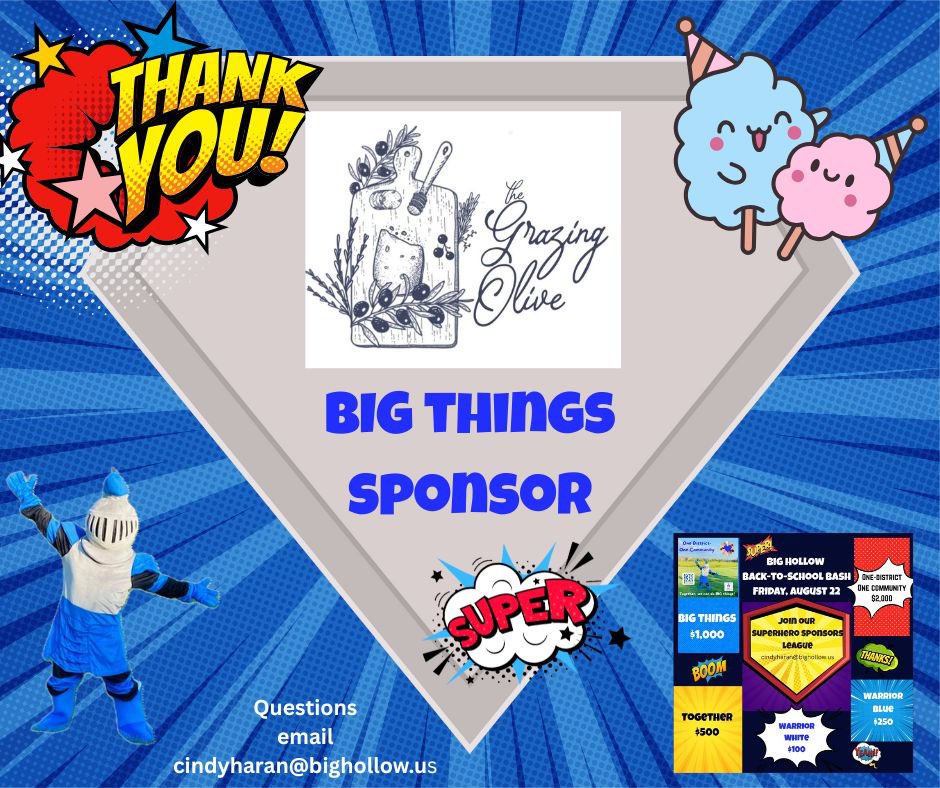 The Grazing Olive is owned by one of our very own Big Hollow families &amp; will be joining us at the Bash and with delicious cotton candy 

Please check out The Grazing Olive for all of your party needs- seriously A-mazing facebook.com/share/1CMgWdpJ…

Together, we can do BIG things💙