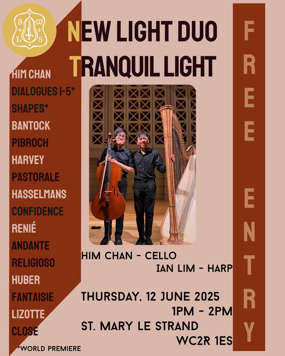 TODAY (12th June, 1.00 - 2.00 p.m.) FREE lunchtime concert at St Mary le Strand Church (WC2R 1ES).  New Light Duo:  Tranquil Light.  Him Chan, Cello, and Ian Lim, Harp.
#Free #Concert #JewelintheStrand