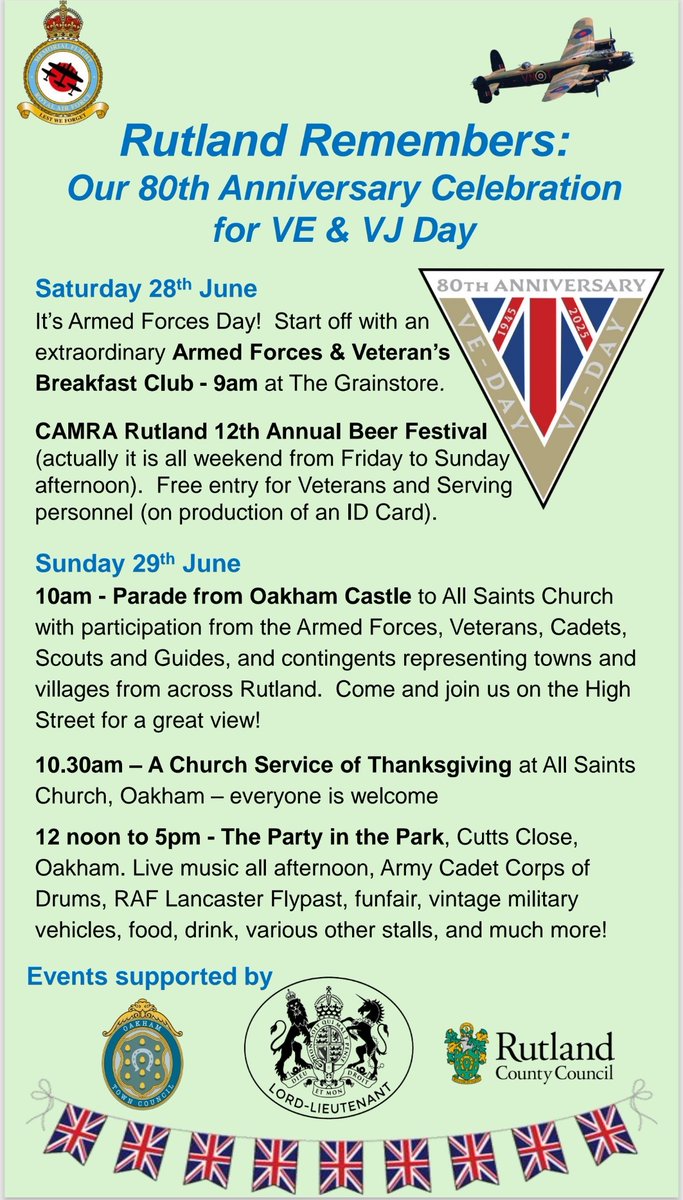 Rutland Remembers -  80th Anniversary Celebration of VE &amp; VJ Day.

Remember the dates - 28th &amp; 29th June.

It'll be a weekend unlikely to be repeated for another 10yrs.

See the poster for full details &amp; please share where you can.