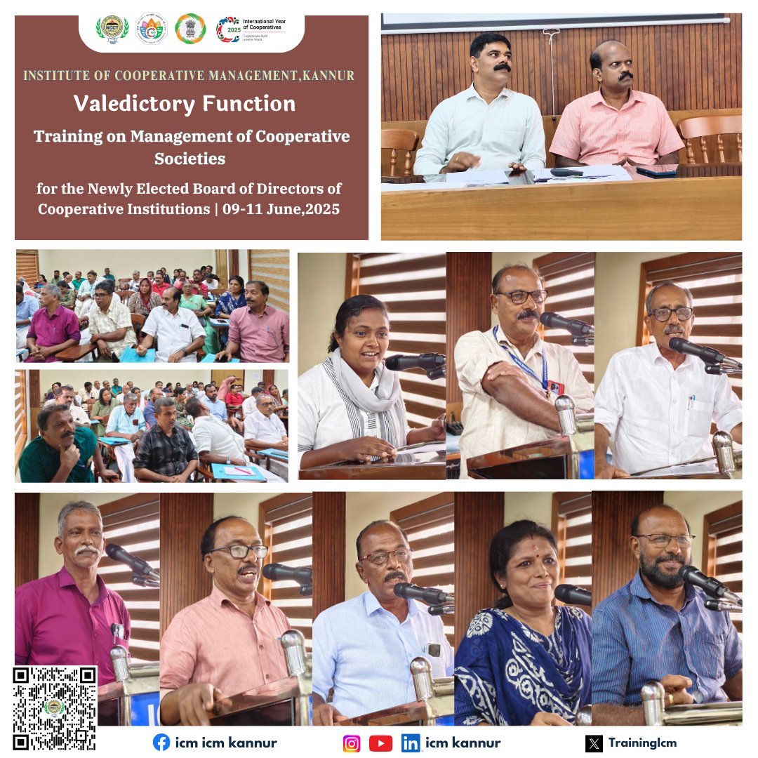 TrainingIcm's tweet photo. 🌟 Valedictory Function 🌟
Marking the successful conclusion of the Training on Management of Cooperative Societies for the Newly Elected Board of Directors (09–11 June 2025).
#ICMKannur #CooperativeLeadership #BODsTraining #ValedictoryFunction #EmpoweringCooperation https://t.co/17szYGSppR