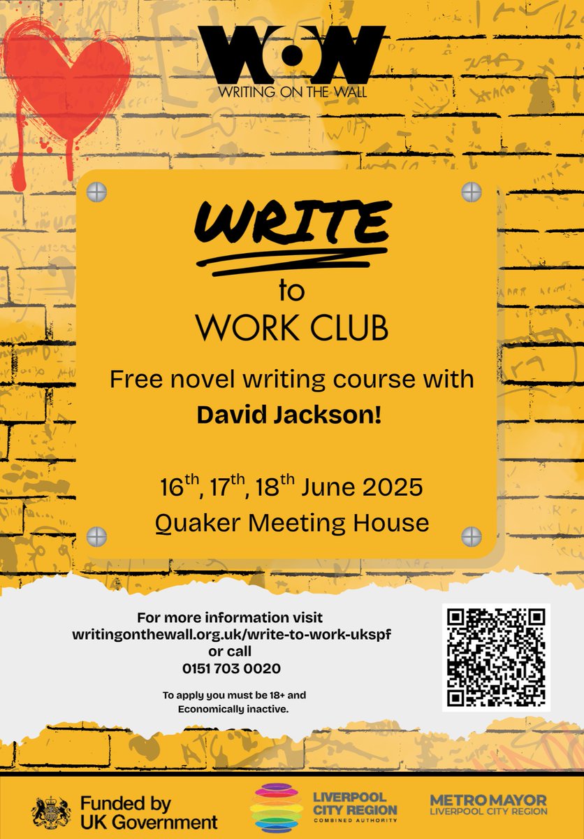 📚 Out of work &amp; love storytelling? Join our FREE fiction writing course with bestselling author David Jackson!

🗓️ 16–18 June
📍 Liverpool

No experience needed – just imagination!

🎟️ Apply now: writingonthewall.org.uk/projects/write…

#WriteToWork