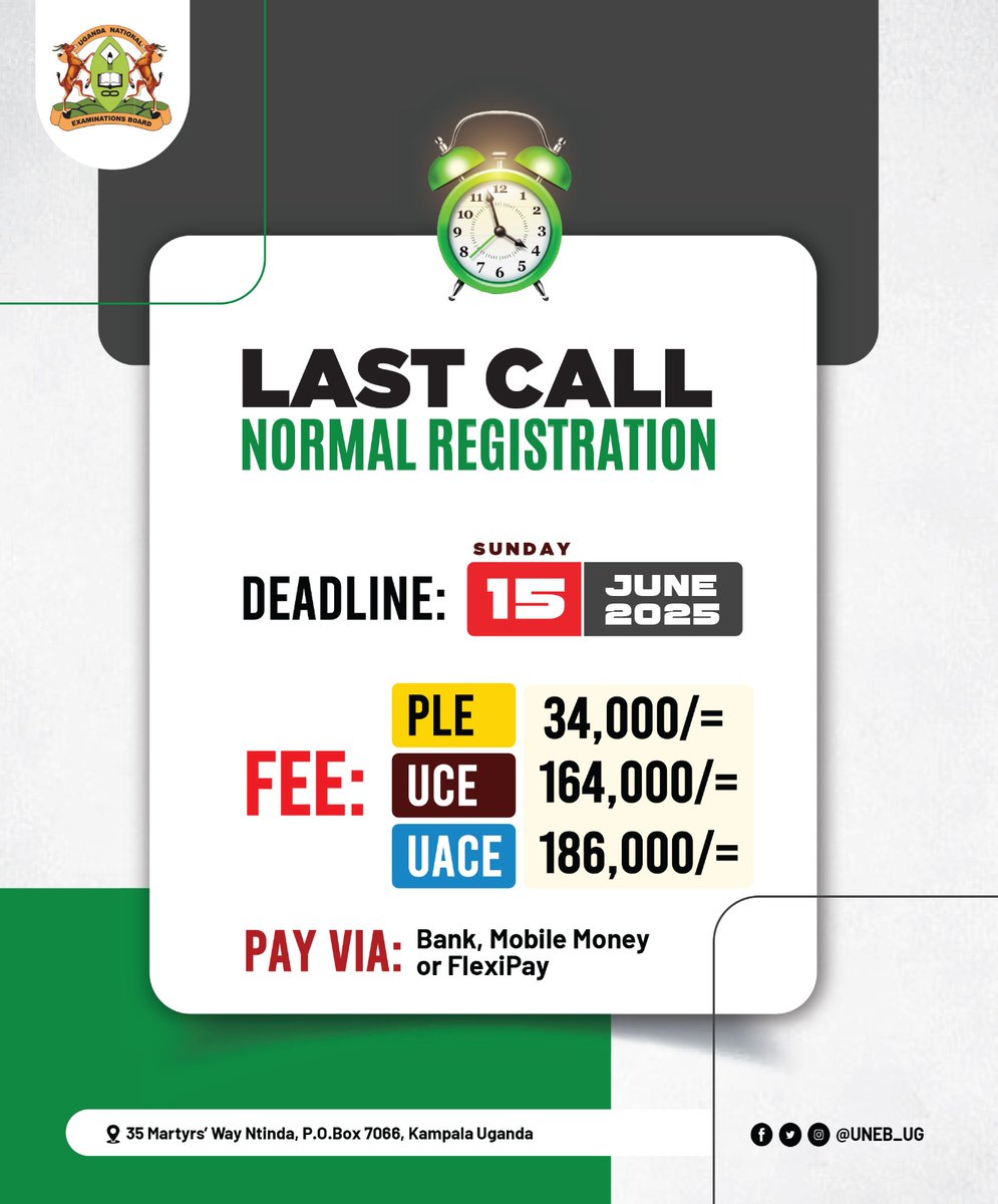 Last call for normal registration for #PLE #UCE and #UACE candidates