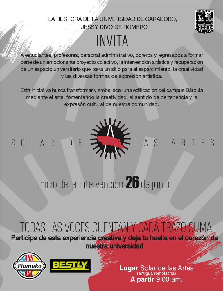 La <a href="/UCarabobo/">Universidad de Carabobo</a> invita cordialmente a toda la comunidad a participar en el proyecto de recuperación de un espacio emblemático en el campus Bárbula, el próximo jueves #26JUN a partir de las 9:00 a.m.

¡Sé parte de este proyecto, en un ambiente festivo y lleno de alegría! ✨