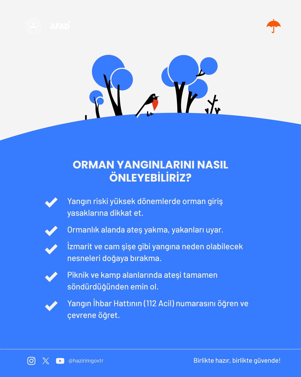 Afetlere Hazırım (@afetlerehazirol) on Twitter photo Orman yangınlarını önlemek elimizde! 🌲🌳
Her yıl binlerce hektar orman, ihmaller yüzünden yok oluyor. Doğaya zarar vermemek için alacağın küçük önlemler, büyük felaketleri engelleyebilir.
Orman yangınlarını önlemek için nelere dikkat etmeliyiz? Cevabı görselde! 👀🖼️ Orman yangınlarını önlemek elimizde! 🌲🌳
Her yıl binlerce hektar orman, ihmaller yüzünden yok oluyor. Doğaya zarar vermemek için alacağın küçük önlemler, büyük felaketleri engelleyebilir.
Orman yangınlarını önlemek için nelere dikkat etmeliyiz? Cevabı görselde! 👀🖼️
