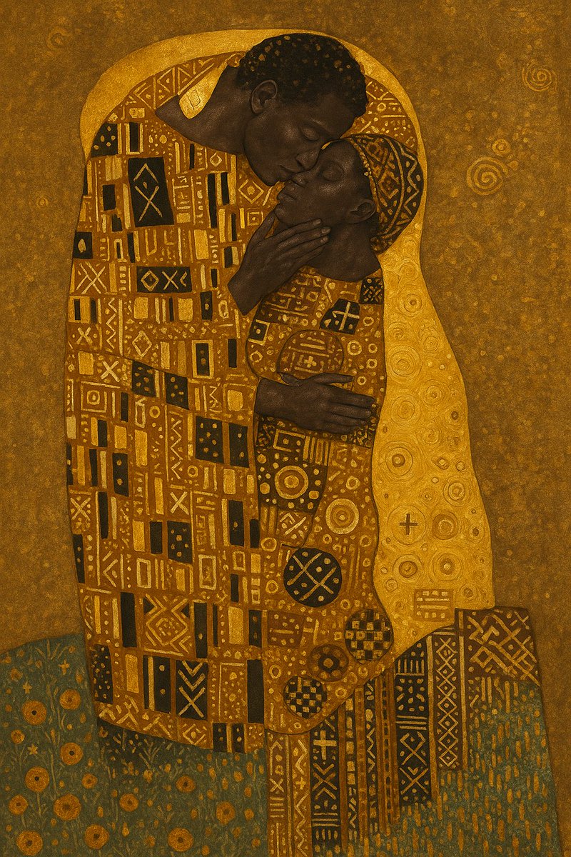 IanOchiengAi's tweet image. Day 60: Klimt's Kiss reimagined via DALL-E 3. Black figures draped in a stunning fusion of Art Nouveau gold and earthy Bogolanfini mud cloth textures. #AIArt #StyleFusion #Klimt #Bogolanfini #Day60