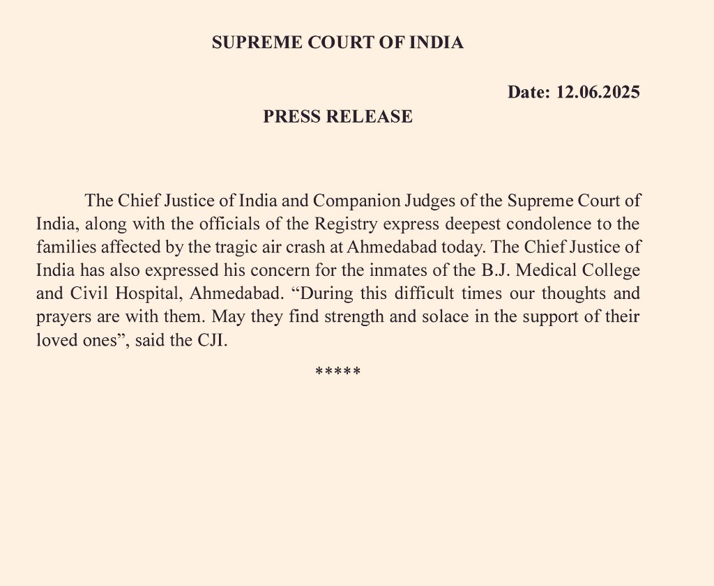 Supreme Court of India mourns tragic Ahmedabad air crash. CJI BR Gavai, Judges, and Registry express deep condolences and pray for strength to the bereaved. Concern also extended to patients at B.J. Medical College &amp; Civil Hospital. #aircrash #AhmedabadPlaneCrash #SupremeCourt