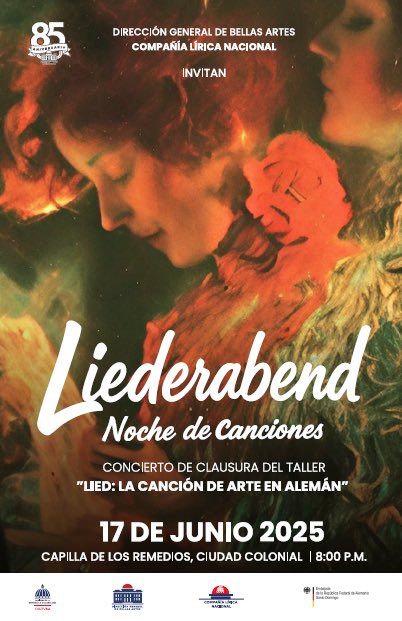 AlemaniaenRD (@alemaniaenrd) on Twitter photo Junto a la <a href="/bellasartes_rd/">BellasArtesRD</a> y la Compañía Lírica Nacional 🇩🇴, les invitamos al concierto de clausura del taller "Lied" - la Canción de Arte en Alemán.
🎶 LIEDERABEND
📅 Martes, 17.6.25
🕗 8:00p.m.
📍Capilla de los Remedios, Zona Colonial
🎫 Entrada libre hasta completar aforo Junto a la <a href="/bellasartes_rd/">BellasArtesRD</a> y la Compañía Lírica Nacional 🇩🇴, les invitamos al concierto de clausura del taller "Lied" - la Canción de Arte en Alemán.
🎶 LIEDERABEND
📅 Martes, 17.6.25
🕗 8:00p.m.
📍Capilla de los Remedios, Zona Colonial
🎫 Entrada libre hasta completar aforo