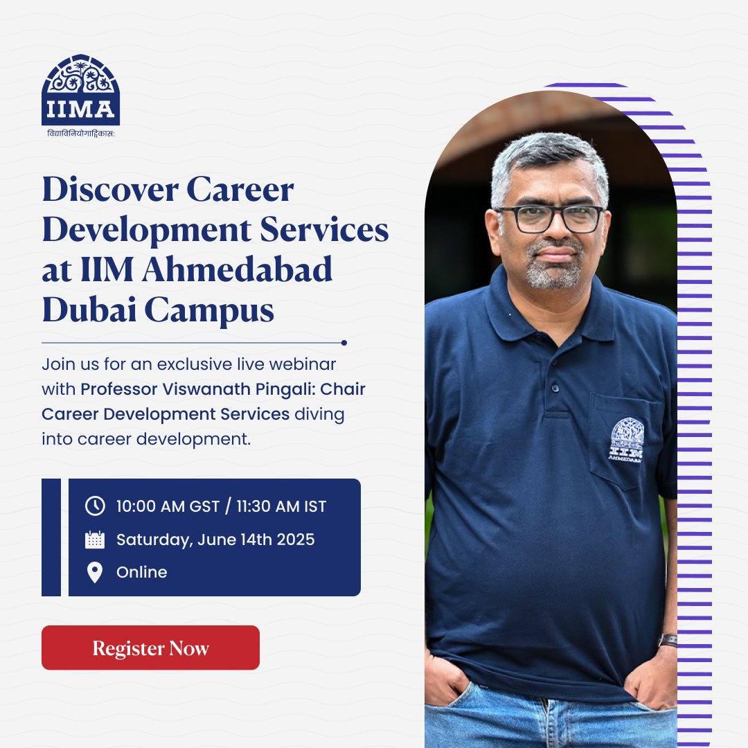 IIM Ahmedabad (@iimahmedabad) on Twitter photo Join the webinar and learn how IIMA’s Career Development Services at <a href="/IIMADubai/">IIM Ahmedabad Dubai Campus</a> Campus are designed to support career growth and opportunities. It will be conducted by Prof Viswanath Pingali, Chair, Career Development Services, IIMA.
Register: iima.zoom.us/webinar/regist…
#IIMADubai Join the webinar and learn how IIMA’s Career Development Services at <a href="/IIMADubai/">IIM Ahmedabad Dubai Campus</a> Campus are designed to support career growth and opportunities. It will be conducted by Prof Viswanath Pingali, Chair, Career Development Services, IIMA.
Register: iima.zoom.us/webinar/regist…
#IIMADubai