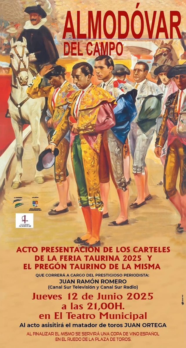 Arenas de San Nicasio (@arenassnicasio) on Twitter photo 🔴 ¿𝐏𝐫𝐞𝐩𝐚𝐫𝐚𝐝𝐨𝐬?
Esta noche ⌚️ a las 21 horas damos a conocer los 🪧 carteles de la Feria Taurina de Septiembre de Almodóvar del Campo
📍 Os esperamos a todos en el Teatro Municipal de Almodóvar del Campo
🗣️ Pregón taurino de <a href="/carruseltaurino/">carrusel taurino</a> 🔴 ¿𝐏𝐫𝐞𝐩𝐚𝐫𝐚𝐝𝐨𝐬?
Esta noche ⌚️ a las 21 horas damos a conocer los 🪧 carteles de la Feria Taurina de Septiembre de Almodóvar del Campo
📍 Os esperamos a todos en el Teatro Municipal de Almodóvar del Campo
🗣️ Pregón taurino de <a href="/carruseltaurino/">carrusel taurino</a>