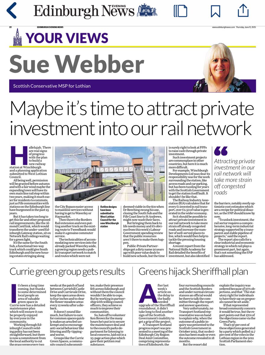 My weekly column in <a href="/edinburghpaper/">Edinburgh Evening News</a> 👇🏼

🚂 Progress with a new Winchburgh train station.

🌱 Success in Currie after a campaign to see the Council maintain the green space.

🚗 The Greens hijack upgrades to Sheriffhall roundabout.