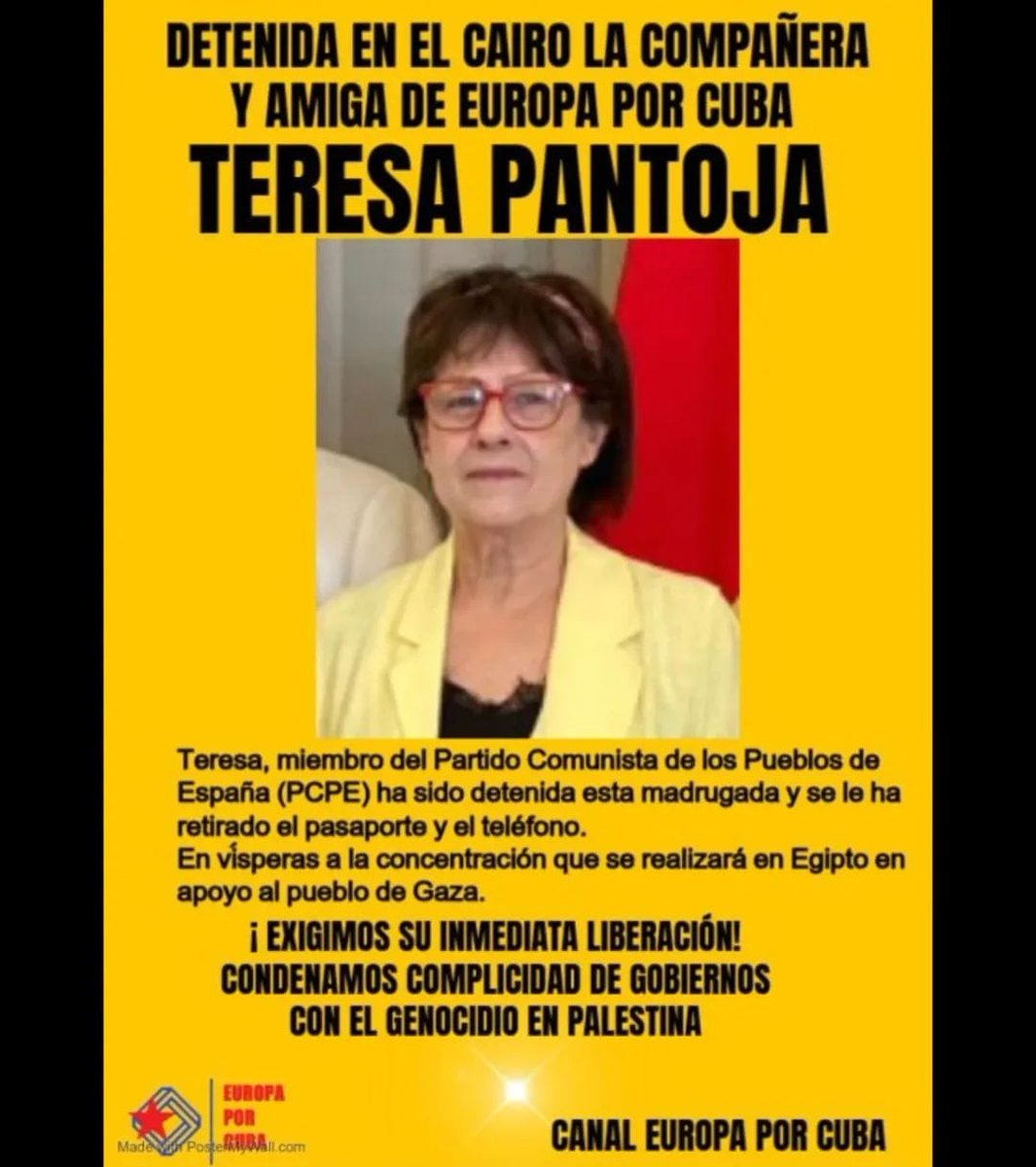 PCPE_Comunista's tweet photo. El #PCPE y la @JCPE_Comunista denunciamos la detención de Teresa Pantoja en el Cairo, en el contexto de La Marcha A Gaza, miembro del Comité Central del PCPE y de la dirección de Toledo; compañera de la Plataforma de Toledo por Palestina. 

PALESTINA VENCERÁ DEL RÍO AL MAR https://t.co/xE227TTrG8