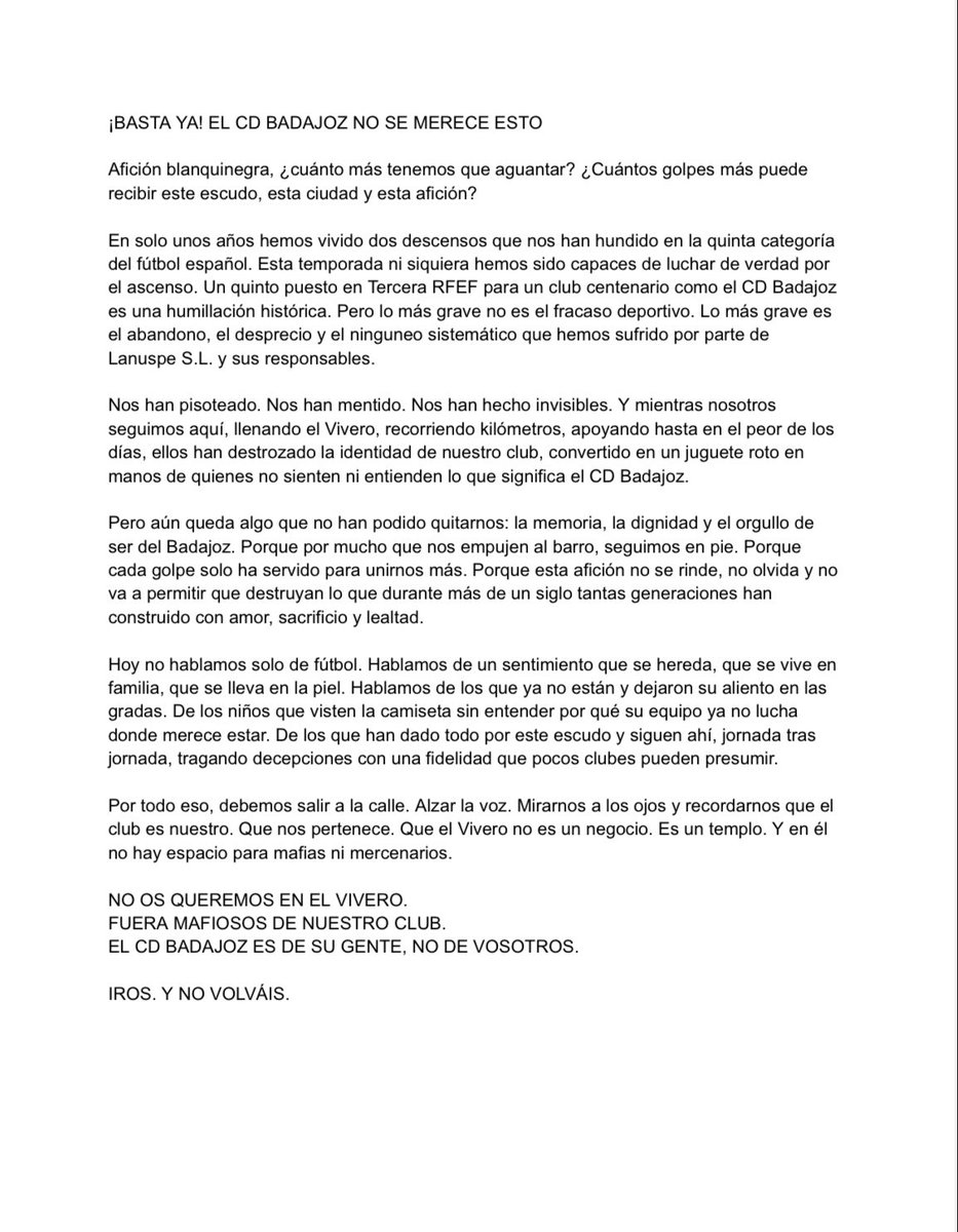 Carta abierta a los que de verdad sienten el CD Badajoz.