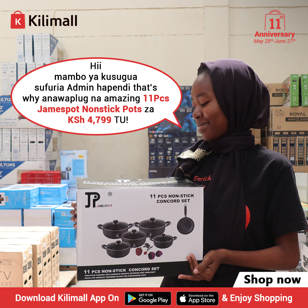 Kilimall's tweet image. Wewe huwa unaenjoy kusugua sufuria kweli?😁Admin hapendi hiyo maneno so anawaplug na hii&amp;gt;&amp;gt; k.kili.co/15ctt Jamespot 11Pcs Non-stick Cookware Set down to 4,799 bob leo!
#Kilimall #Nonstickcookware #TC #discounts #offer #Kilimall11thAnniversary