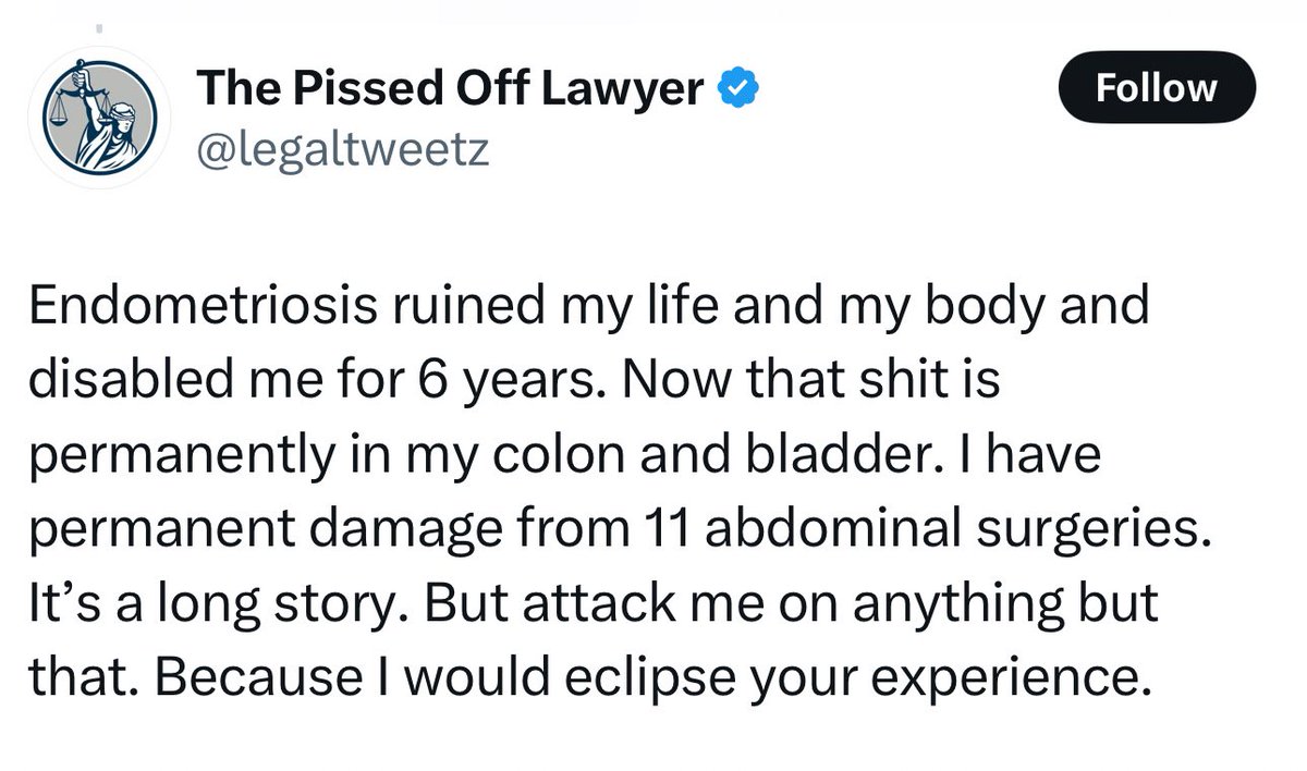_celia_bedelia_'s tweet image. “Because I would eclipse your experience”

What we’re not gonna do here is make endometriosis into a fucking competition, @legaltweetz. This is the type of shit I’m talking about - Hendrix is absolutely weaponizing their endometriosis in this de-trans grifter GC turnabout.
