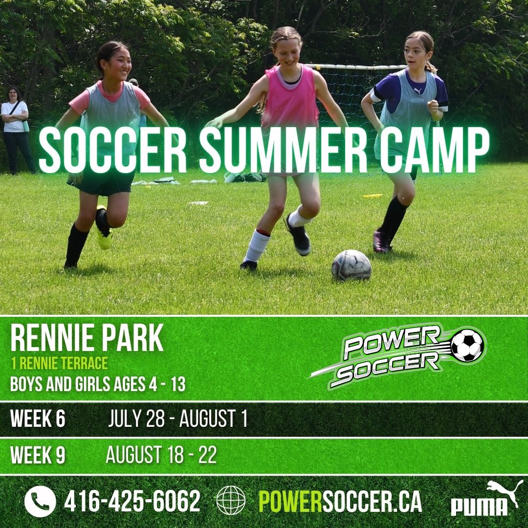Our soccer summer camps will be at Rennie Park during Week 6 (July 28 - August 1st) and Week 9 (August 18 - 22).

Don’t miss out on the chance to learn new skills and have fun with our qualified coaches with summer! ⚽️☀️

Register today at powersoccer.ca/search/camp/9!