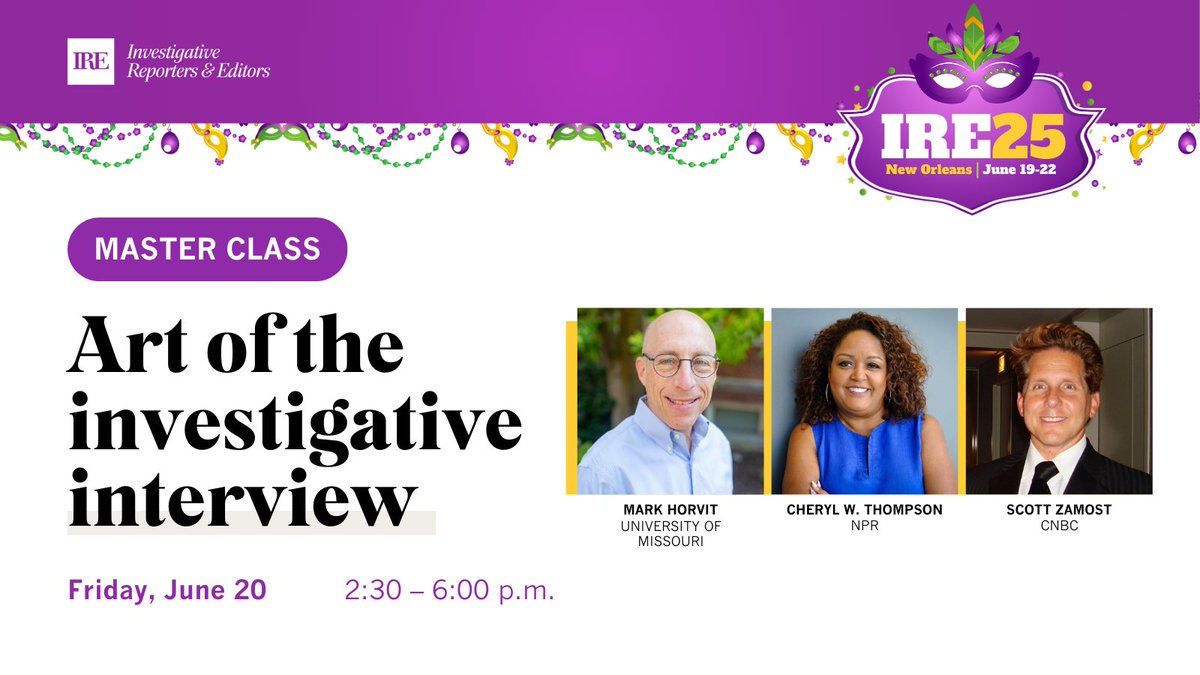 Our investigative interview master class at ⁦<a href="/IRE_NICAR/">Investigative Reporters & Editors</a>⁩ was sold out last year so be sure to join us next Friday at 2:30 pm! ⁦<a href="/cherylwt/">Cheryl W. Thompson</a>⁩ ⁦<a href="/markhorvit/">Mark Horvit</a>⁩