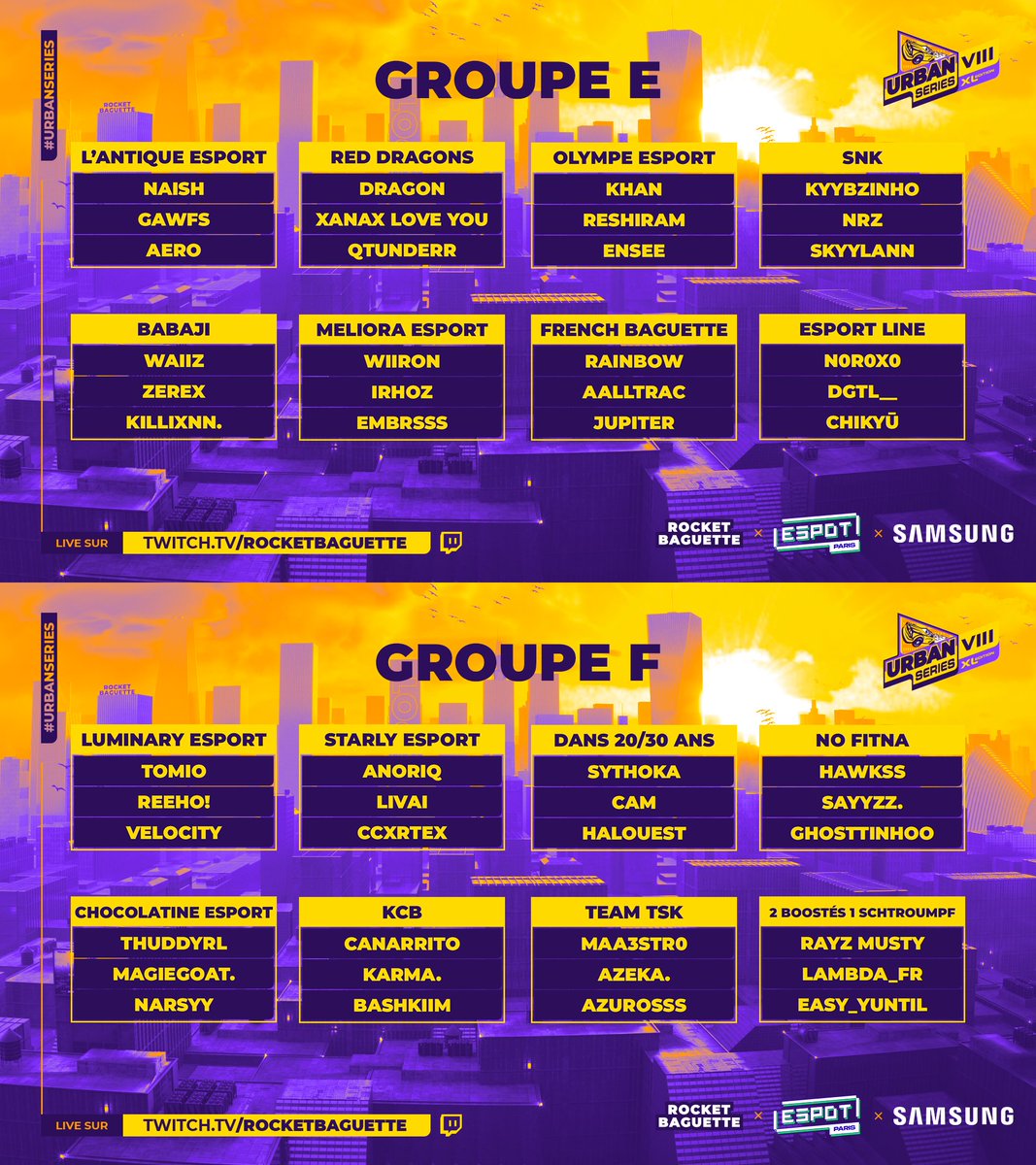 🌆 Les #UrbanSeries sont de retour avec la VIIIème édition ce week-end à l'<a href="/espotparis/">ESpot</a> ! 🔥

Découvrez les équipes qui s'affronteront pendant 2 jours pour la plus grande LAN Rocket League du monde !  🚀

📺 En direct de Paris ou sur Twitch dès ce Samedi 11h00 !