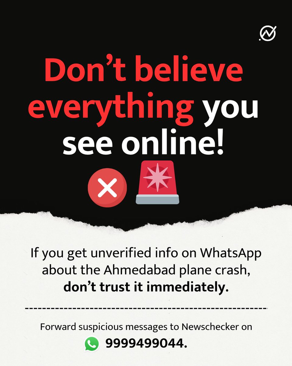NewscheckerIn's tweet image. As updates about the tragic Ahmedabad plane crash emerge, please be careful with what you share online.

Sharing unverified images or videos can spread misinformation and cause unnecessary distress.

If you come across any suspicious content, verify it first!

Send questionable…