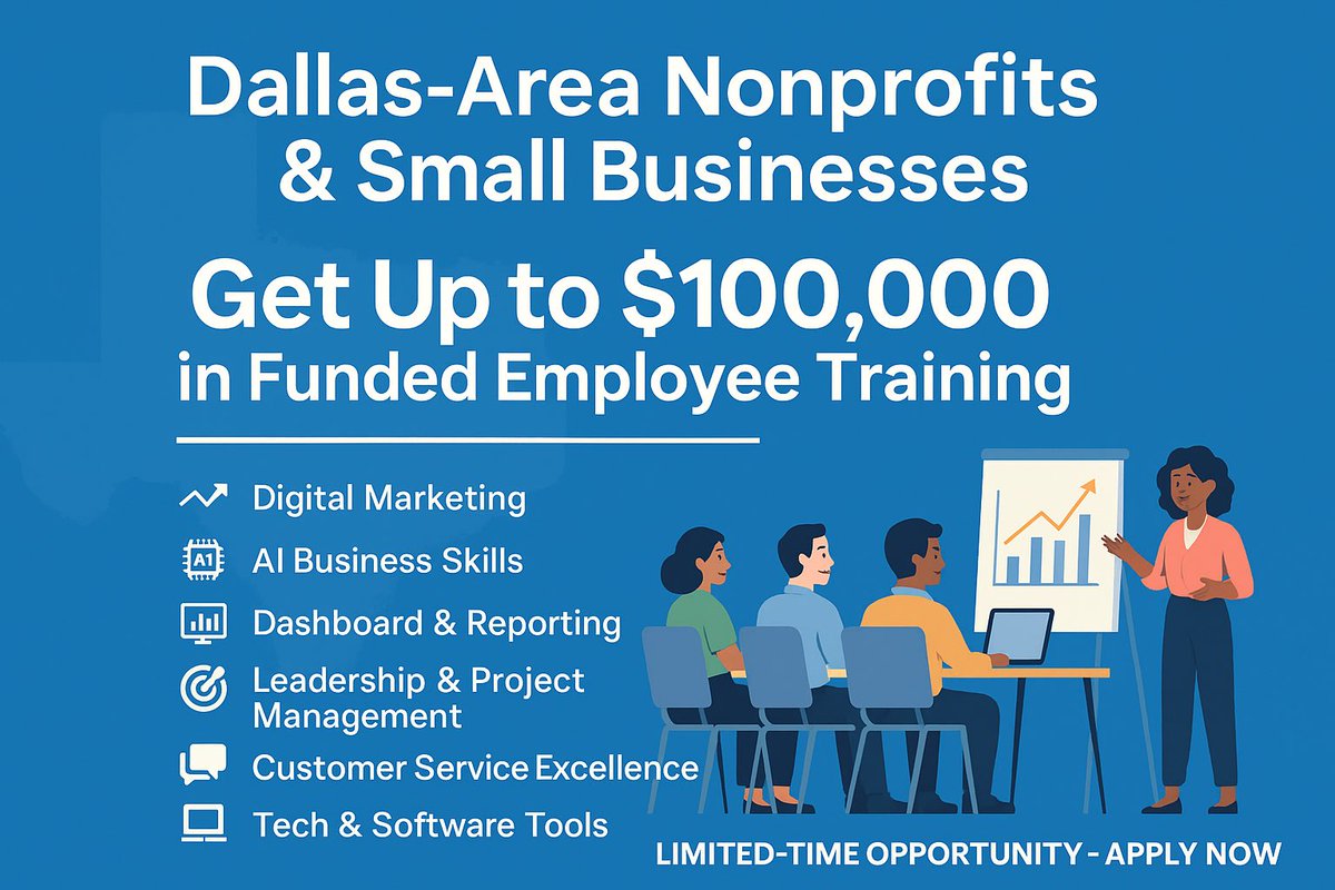 🚨 Dallas-area nonprofits &amp; small businesses:

Up to $100K in funded training to skill up your team — think digital marketing, AI, dashboards, leadership &amp; more.

Low lift, high impact. Limited-time.

form.typeform.com/to/emaE3Pc9
#Dallas #SmallBusiness #Nonprofit #WorkforceDevelopment