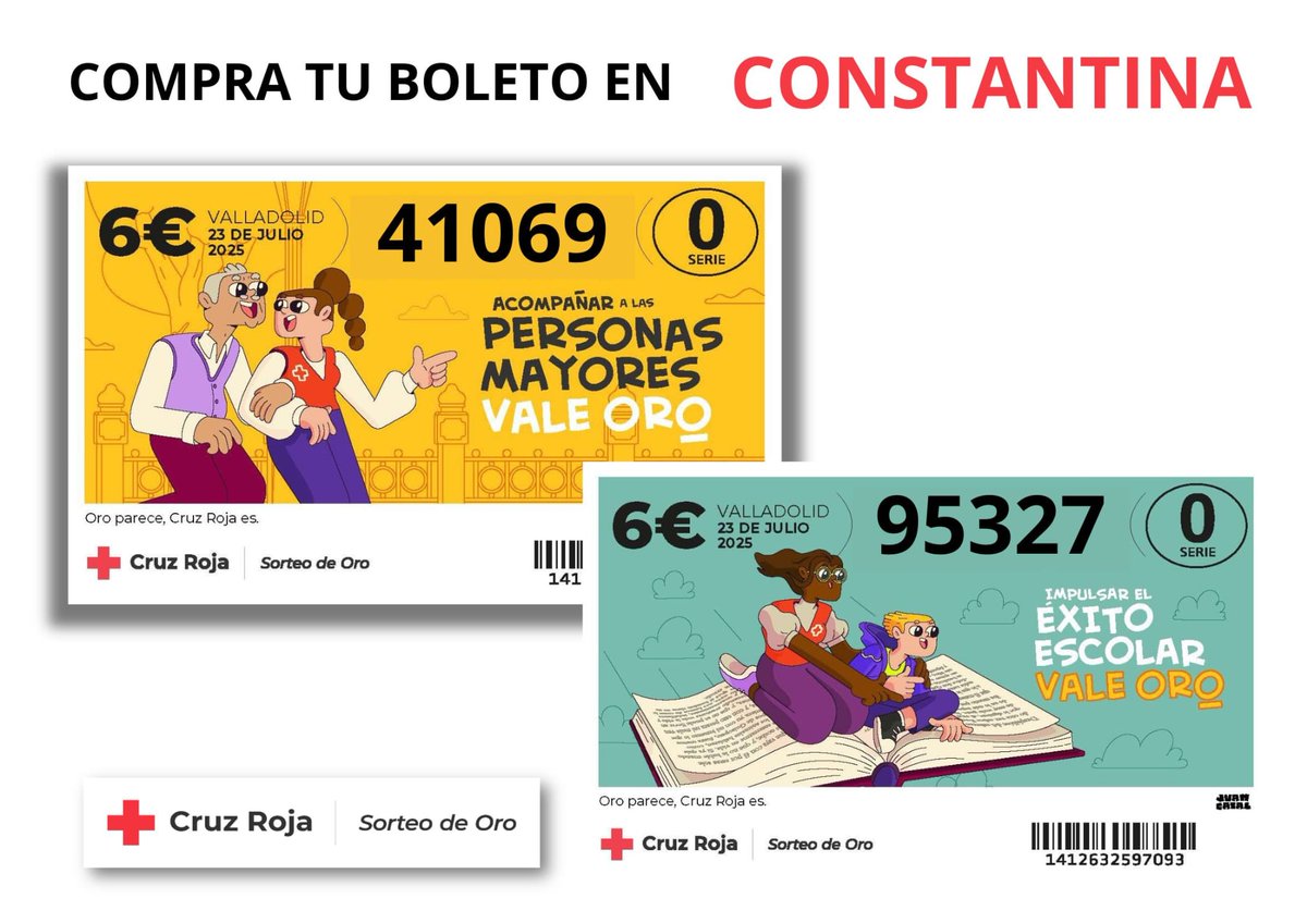 Ayuntamiento de Constantina (@aytoconstantina) on Twitter photo 🔴 Anunciamos que a lo largo de la mañana del miércoles 18 de junio, la <a href="/CruzRojaSevilla/">Cruz Roja Sevilla</a> estará en Constantina vendiendo los números exclusivos para esta localidad del Sorteo de Oro: el 41069 y el 95327.
El sorteo será el 23 de julio y el importe del boleto son 6 euros. Colabora. 🔴 Anunciamos que a lo largo de la mañana del miércoles 18 de junio, la <a href="/CruzRojaSevilla/">Cruz Roja Sevilla</a> estará en Constantina vendiendo los números exclusivos para esta localidad del Sorteo de Oro: el 41069 y el 95327.
El sorteo será el 23 de julio y el importe del boleto son 6 euros. Colabora.