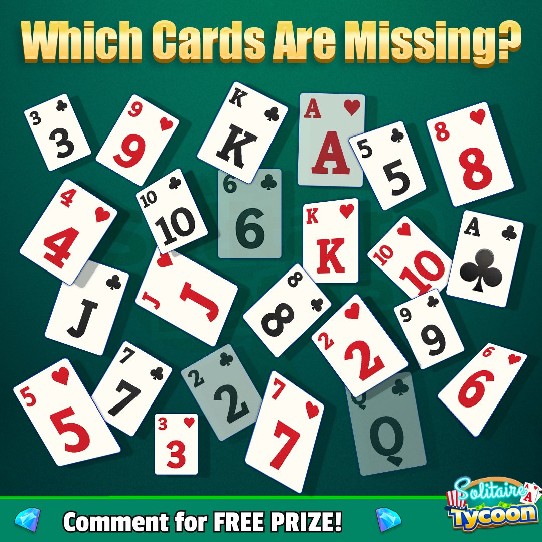 TycoonSolitaire's tweet image. Some cards went poof! 🃏✨
Can you spot which ones are missing? 👀💨
Zoom in ♥️
Count &apos;em up♠️
Drop your answer below for a FREE PRIZE! 🎁
➡️ solitairetycoon.go.link/lmGkP
#MissingCards #SolitaireTycoon #CardChallenge #FreePrize #FunAndGames