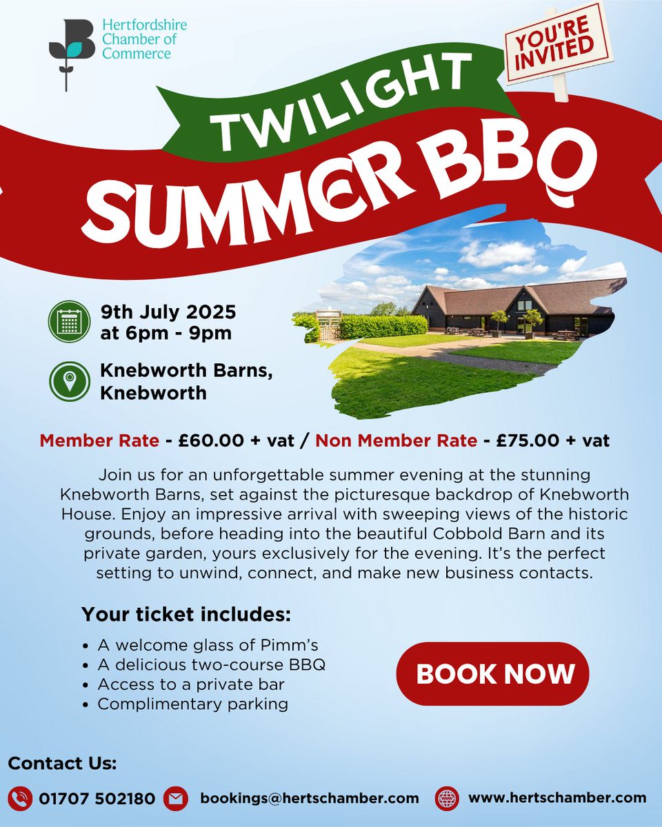 HertsChamber's tweet image. Join us for our Twilight Summer BBQ on Wed 9 July, 6pm–9pm at Knebworth Barns! 🍹 BBQ, Pimms, private bar, stunning views & great networking.
👇 Book now:
hertschamber.rubicrm.com/calendar_detai…
#TwilightBBQ #Networking