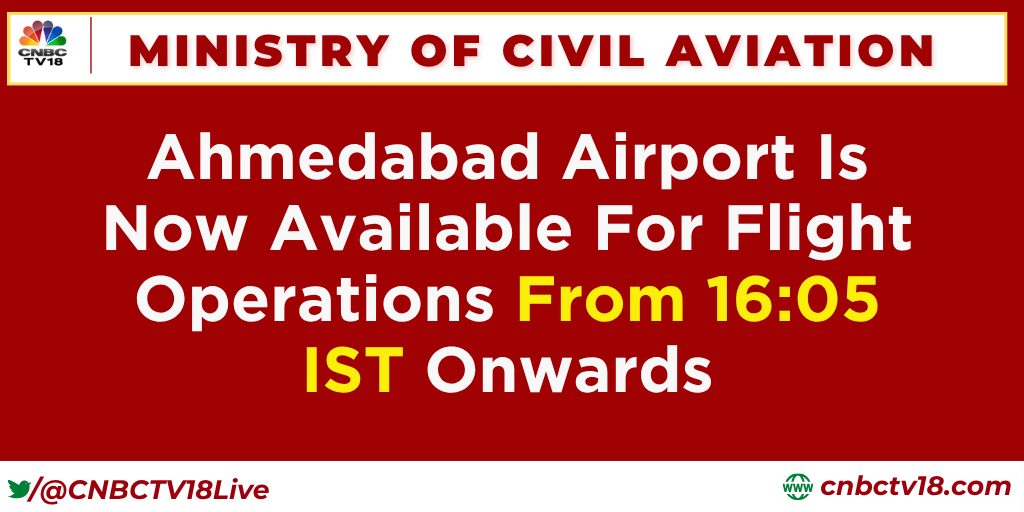 CNBCTV18Live's tweet photo. #JustIn | Ministry of Civil Aviation (@MoCA_GoI) says, Ahmedabad Airport is now operational with limited flight operations
#FlightCrashReport #AirSafetyIndia #CrashLandingLIVE #RescueOperation #AviationAlert #FlightEmergency #FlightFromIndia #BlackBoxSearch #LiveCrashUpdate #planecrash