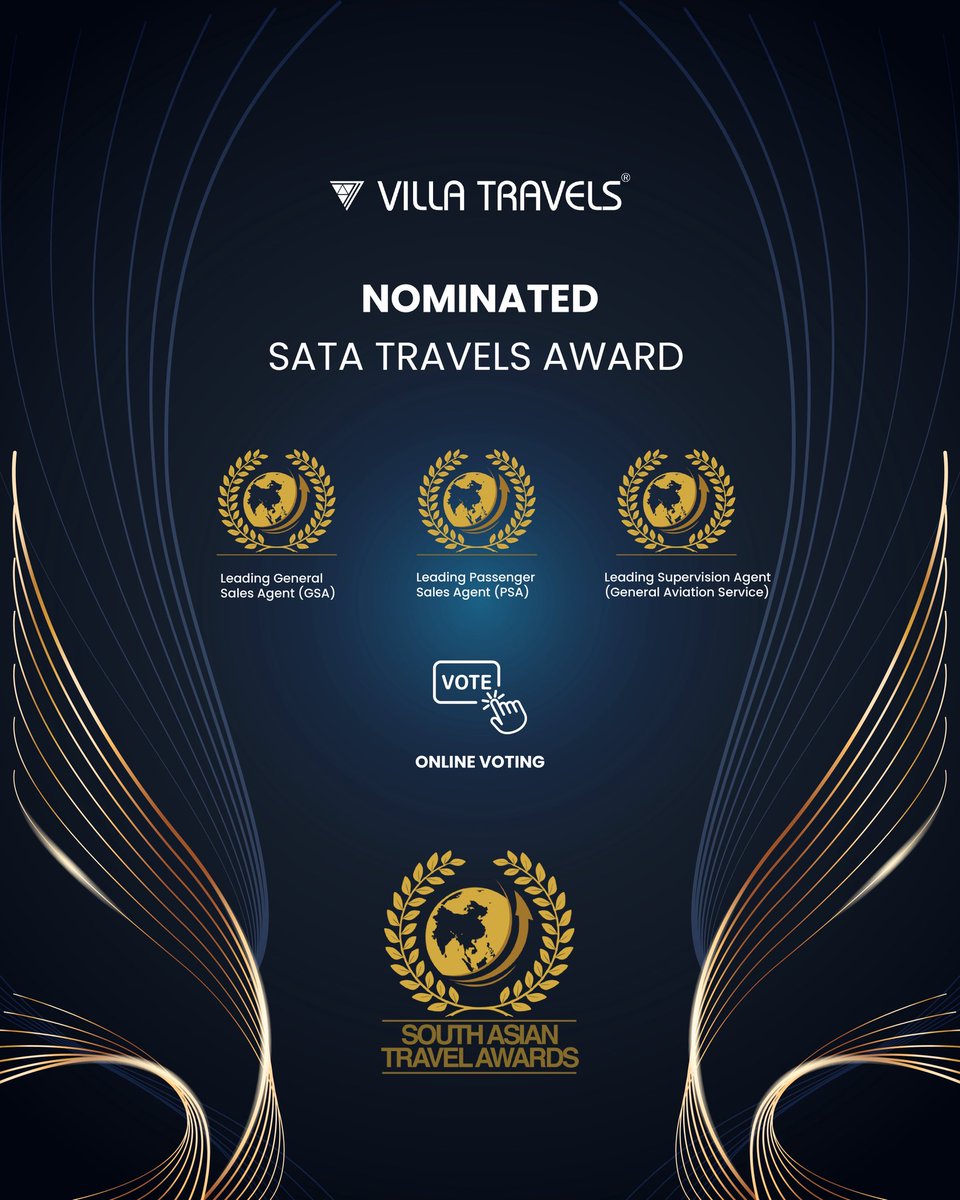 🗳️ Vote Now! 

Villa Travels has been nominated for the prestigious South Asian Travel Awards (SATA) in three categories:

🏆 Leading General Sales Agent (GSA)
🏆 Leading Passenger Sales Agent (PSA)
🏆 Leading Supervision Agent (General Aviation Service)

southasiantravelawards.com/vote/villa-tra…