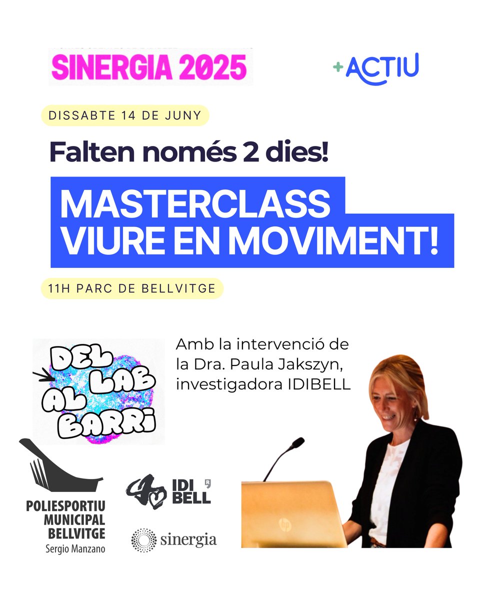 Falten només 2 dies! La Dra. Paula Jakszyn, investigadora principal de +ACTIU (<a href="/idibell_cat/">IDIBELL</a>), us convida a moure-us amb #SinergiaLH! Exercicis suaus i motivació.
- Aquest dissabte 11:00h!
- Parc de Bellvitge
#SalutActiva #mesactiu #sinergialh