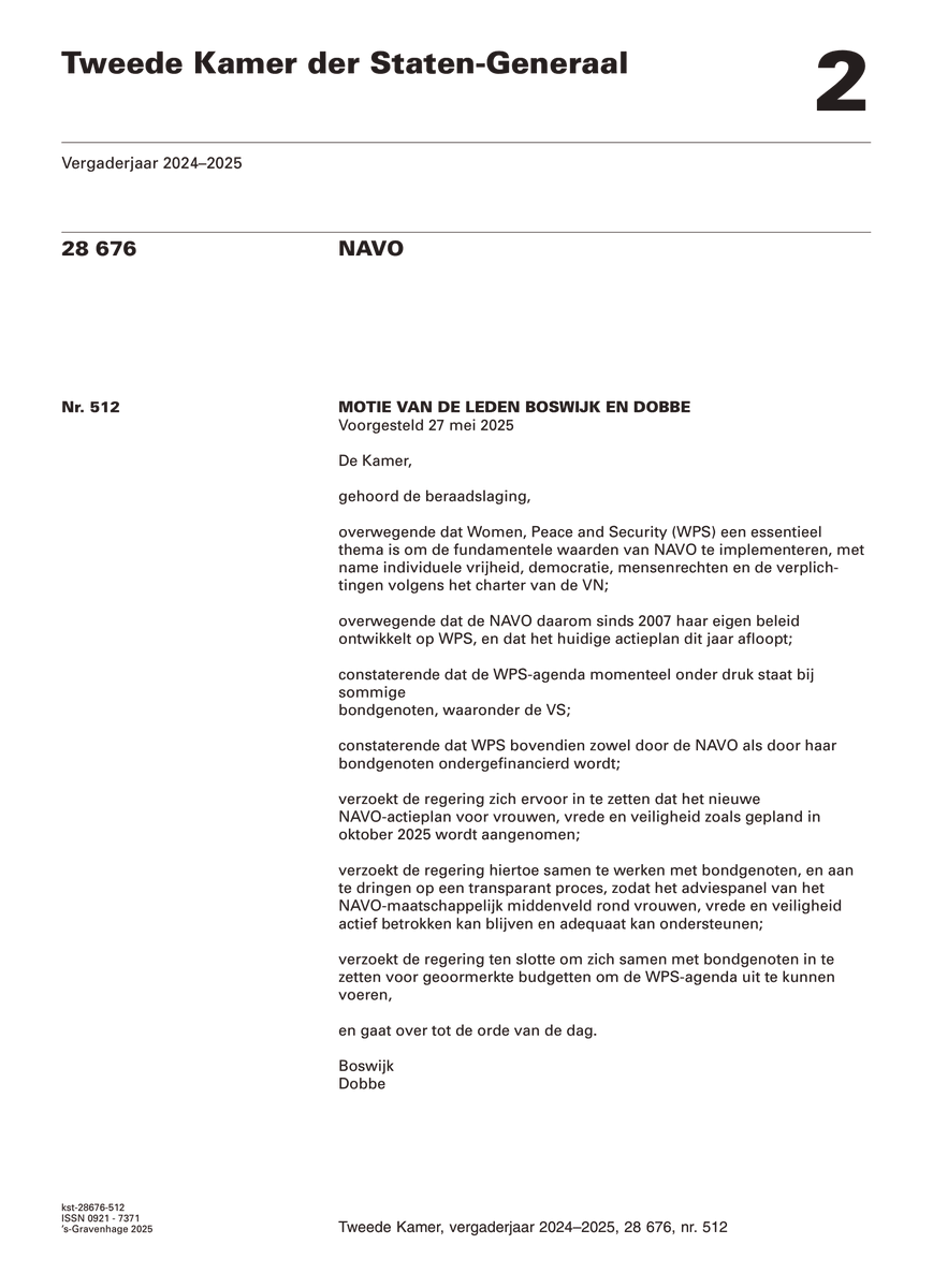 WO=MEN, Dutch Gender Platform (@genderplatform) on Twitter photo We zijn ontzettend blij dat👇motie van <a href="/DerkBoswijk/">Derk Boswijk</a> & <a href="/sarahdobbe/">Sarah Dobbe</a> is aangenomen. Met de #NAVO-top in zicht is het cruciaal dat onze regering blijft inzetten op Vrouwen, Vrede en Veiligheid. Laten we de kracht van vrouwen en mannen benutten voor duurzame vrede en veiligheid💪 #WPS We zijn ontzettend blij dat👇motie van <a href="/DerkBoswijk/">Derk Boswijk</a> & <a href="/sarahdobbe/">Sarah Dobbe</a> is aangenomen. Met de #NAVO-top in zicht is het cruciaal dat onze regering blijft inzetten op Vrouwen, Vrede en Veiligheid. Laten we de kracht van vrouwen en mannen benutten voor duurzame vrede en veiligheid💪 #WPS
