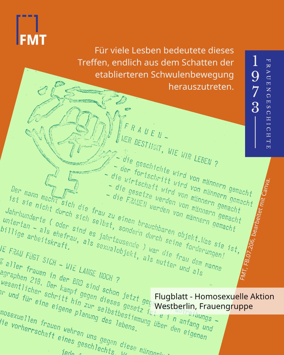 Vor 52 Jahren endete #otd das 2. HAW-Pfingsttreffen: Ein Meilenstein für #lesbischeSichtbarkeit! 60 Frauen aus 11 Ländern trafen sich 1973 in Berlin für Selbstbestimmung &amp; eigenen Raum. Mehr zur Geschichte bei uns im Turm und online! 🏳️‍🌈✨ #QueerHistory #Lesbenbewegung