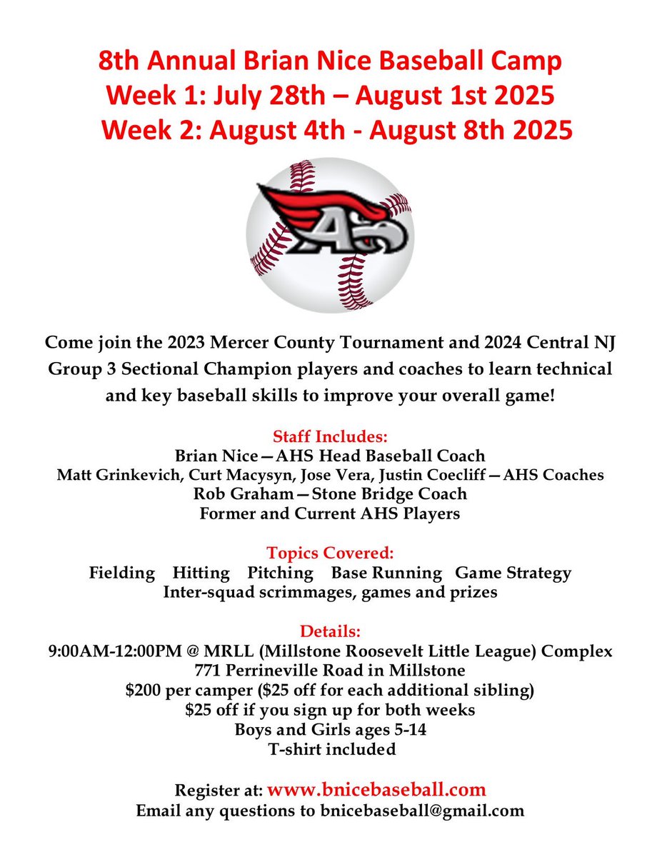 46 days until the first week of Brian Nice Baseball Camp begins. We still have openings for both weeks. To register, visit bnicebaseball.com.