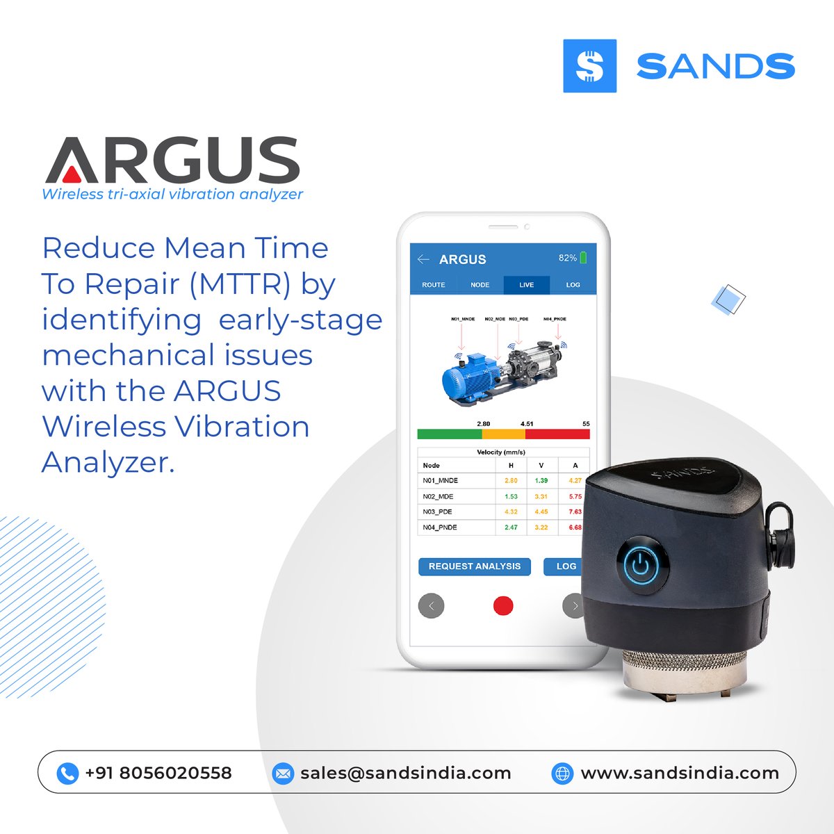 Detect early mechanical faults and reduce #MTTR with the #ARGUS Wireless Vibration Analyser, your proactive solution for machine health monitoring.

Learn more: sandsindia.com/vibration-anal…

#VibrationMonitoring #PredictiveMaintenance #Industry40 #MachineHealth #SANDS