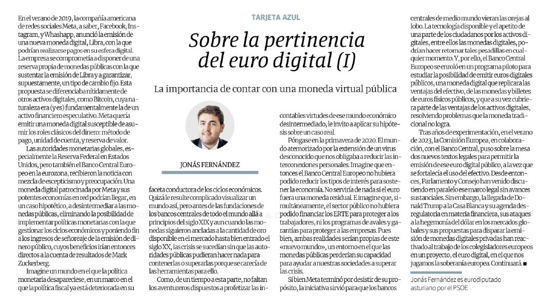 FSA-PSOE (@fsa_psoe) on Twitter photo 'Sobre la pertinencia del euro digital (I)'
🗞️ Lee aquí el artículo de nuestro secretario de Unión Europea y eurodiputado, <a href="/jonasfernandez/">Jonás Fernández</a> ⤵️ 'Sobre la pertinencia del euro digital (I)'
🗞️ Lee aquí el artículo de nuestro secretario de Unión Europea y eurodiputado, <a href="/jonasfernandez/">Jonás Fernández</a> ⤵️
