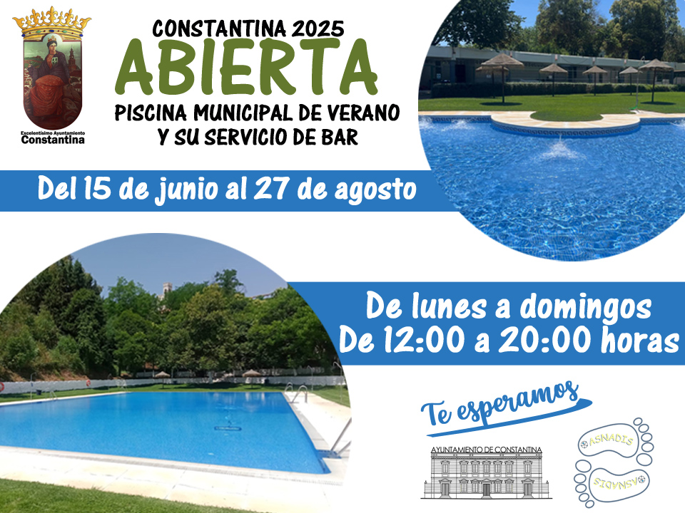 🌊⛱️🏊🏻‍♀️🏊🏼 RECUERDA QUE CONSTANTINA ABRIRÁ SU PISCINA PÚBLICA DE VERANO ESTE DOMINGO 15 DE JUNIO
¿A qué esperas para darte un baño y disfrutar de estas magníficas instalaciones veraniegas?
Te las ofrece tu Ayuntamiento en colaboración con <a href="/Asc_asnadis/">Asnadis</a>.