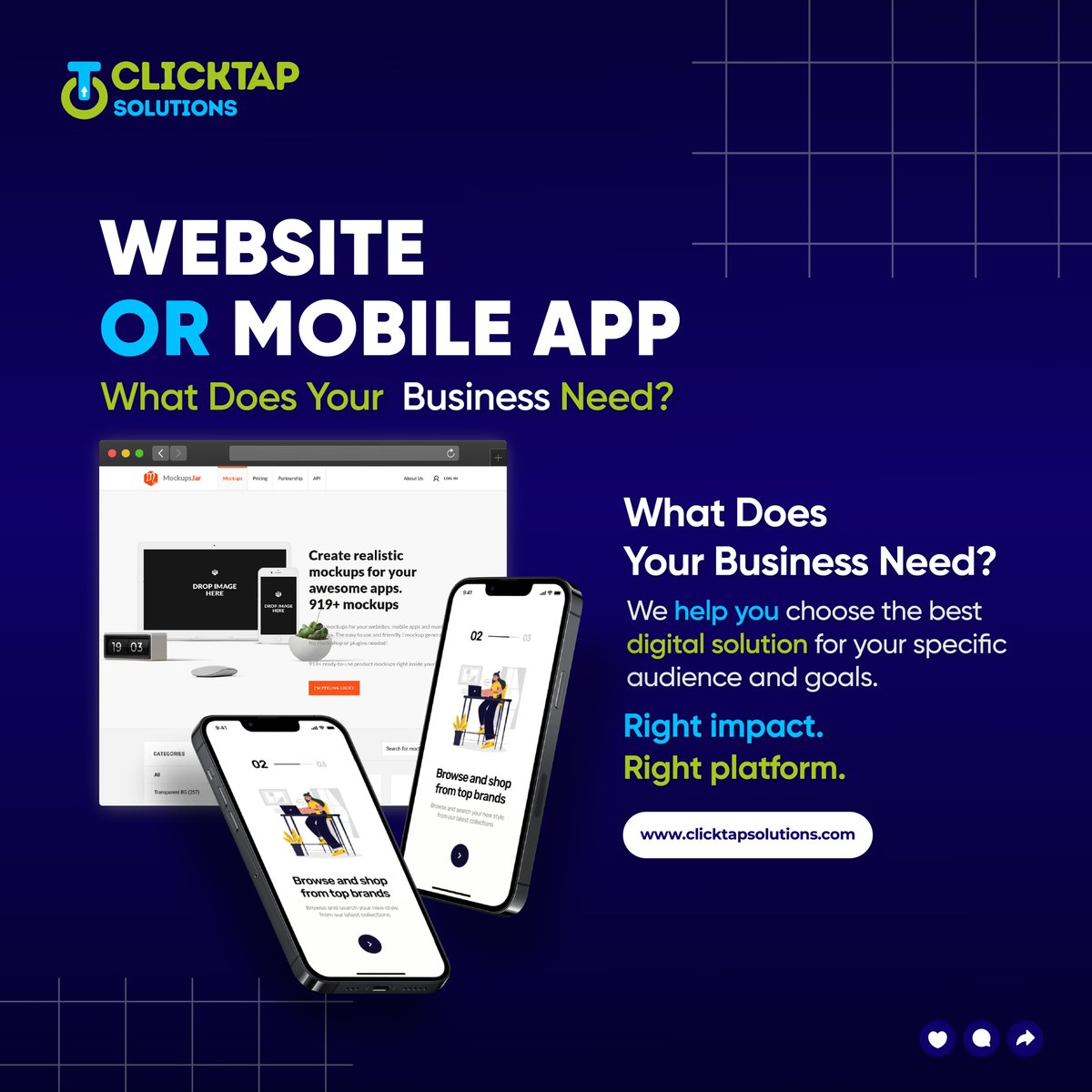 ClickTapS's tweet photo. Website or Mobile App? Choose the right platform for your audience &amp; goals 💡 

#WebDesign #AppDevelopment #DigitalStrategy #BusinessGrowth https://t.co/FCr14K9lwv