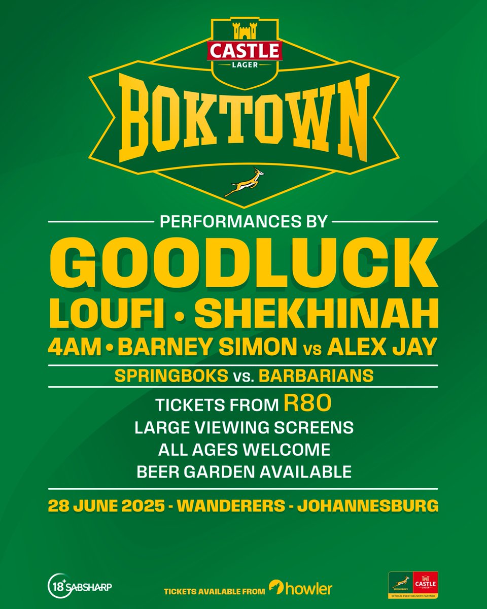 CastleBoktown's tweet image. CastleโฏLagerโฏBoktown hits Wanderers on 28 June!
Live acts, DJ battle, food markets, Bok legends & BIG screens!
๐ Early birds from R80: howler.events/organisers/189โฆ
#BestSeatOutsideTheStadium #CastleLagerBoktown #Springboks2025 #CastleLager #Springboks #ForeverGreenForeverGold