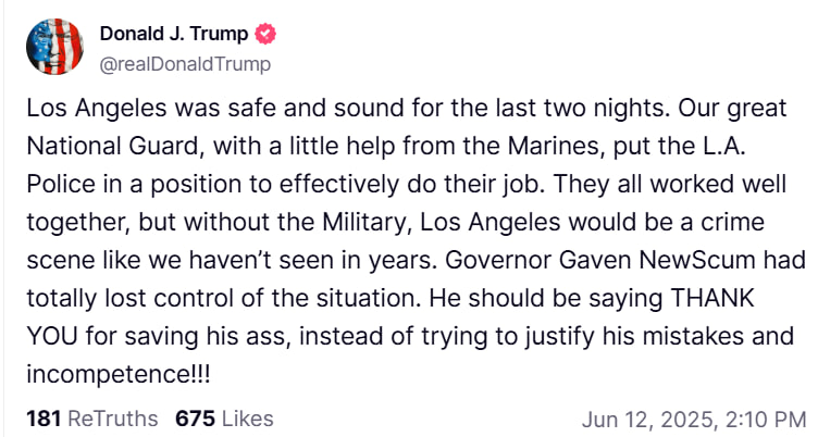 President Donald Trump takes to Truth Social, praises the military and law enforcement for maintaining order in #LosAngeles declaring the city “safe and sound.”